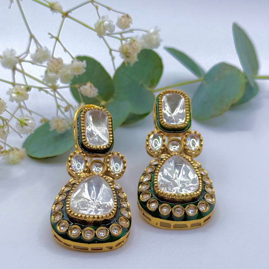 Glass polki Jaani Earrings in gold plated brass with green enamel and crystal detail — modern and timeless.