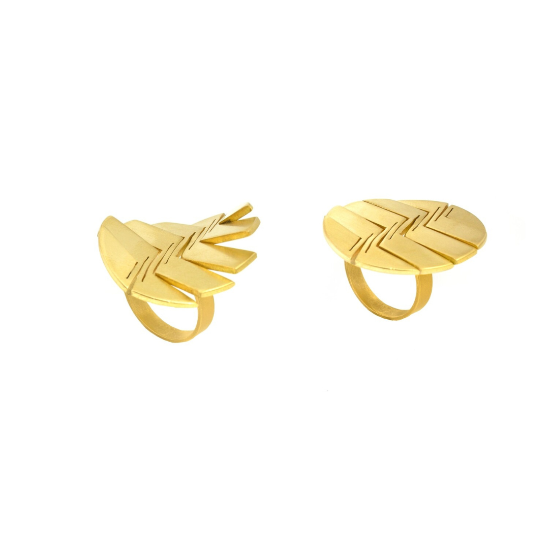 Bold gold plated brass ring with engraved linear pattern, part of the LIQUIFY circle collection

