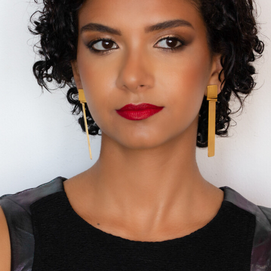 Liquify One gold plated brass rectangle earrings with long drop design, modular imitation jewelry for modern styling versatility

