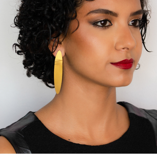 Liquify gold plated brass oval earrings with vertical groove detail, modular imitation jewelry for contemporary fashion looks

