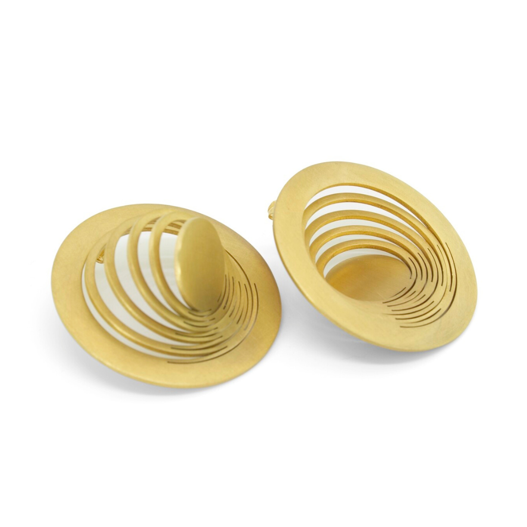 Gold plated brass circular earrings with layered cutout detailing, statement imitation jewelry from shape-shifting collection

