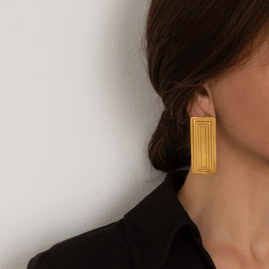 Gold plated brass rectangle earrings with layered line detail, geometric imitation jewelry from bendable jewelry collection

