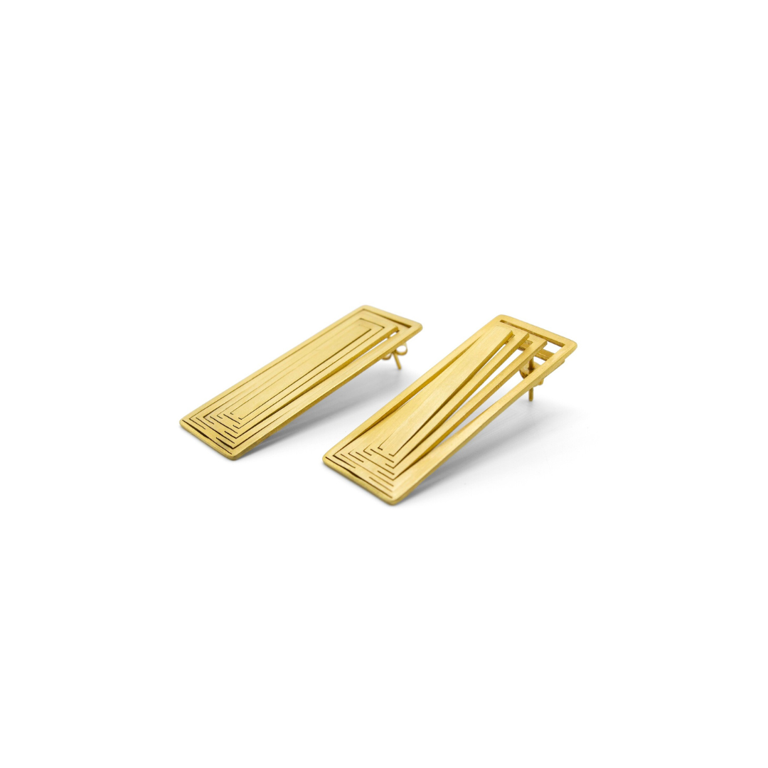 Gold plated brass rectangle earrings with layered line detail, geometric imitation jewelry from bendable jewelry collection

