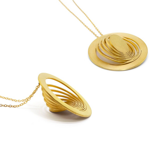 Gold plated brass circular pendant with layered orbit design, contemporary imitation jewelry from foldable jewelry collection

