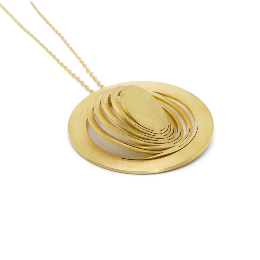 Gold plated brass circular pendant with layered orbit design, contemporary imitation jewelry from foldable jewelry collection


