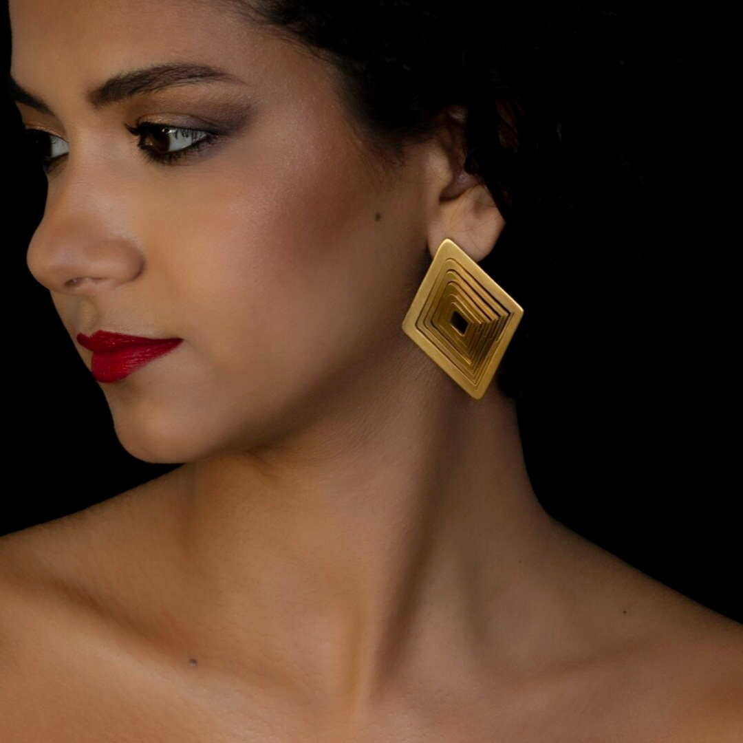 Gold plated brass geometric earrings with layered square design, contemporary imitation jewelry from foldable collection

