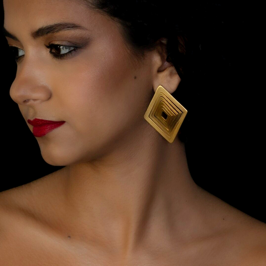 Gold plated brass geometric earrings with layered square design, contemporary imitation jewelry from foldable collection

