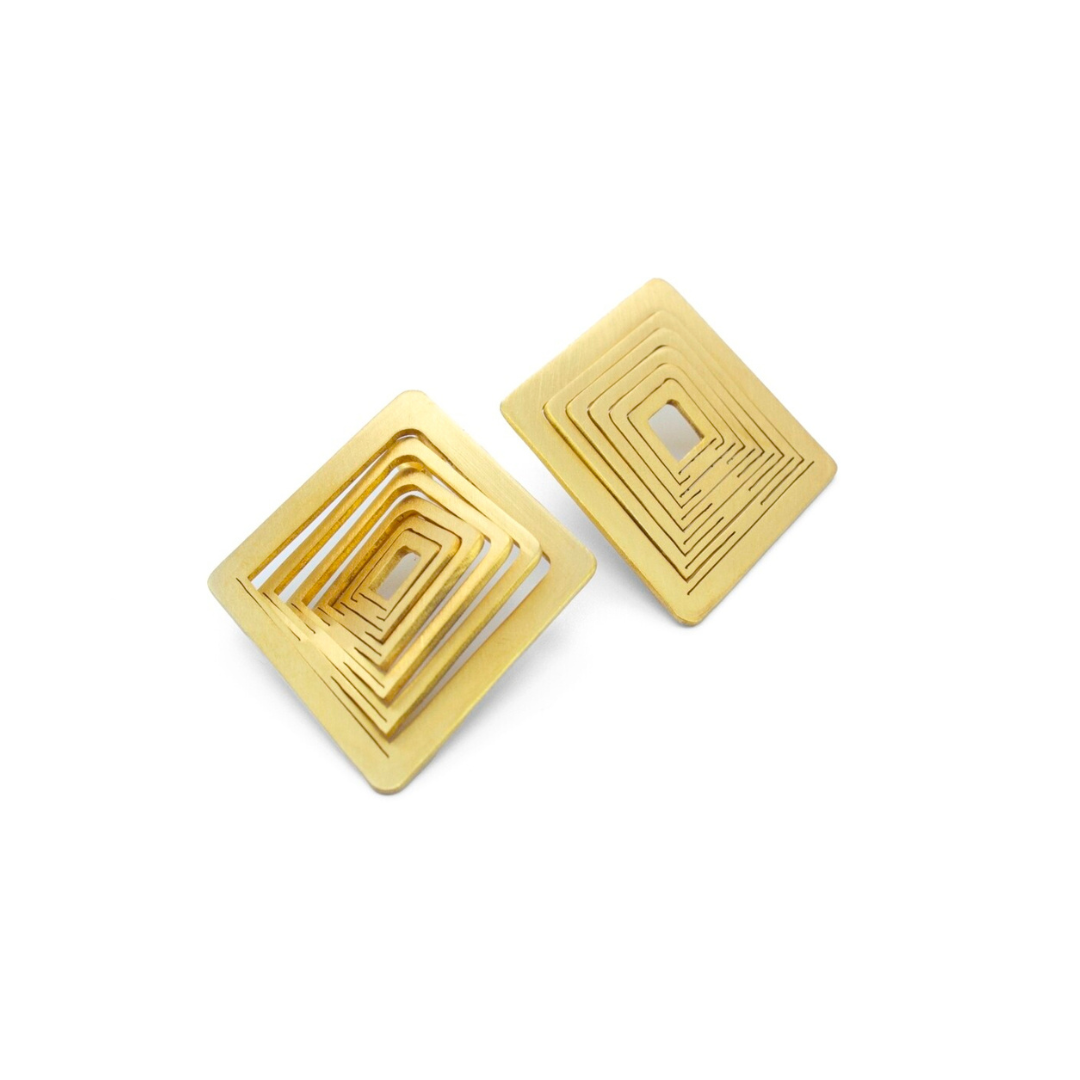 Gold plated brass geometric earrings with layered square design, contemporary imitation jewelry from foldable collection

