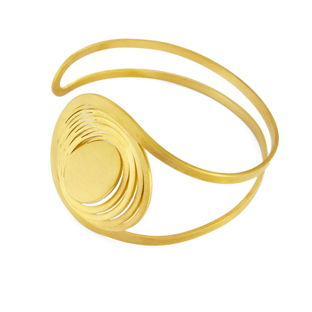 Orbits gold plated brass circle bracelet with sculptural fluid design, part of adjustable imitation jewelry collection


