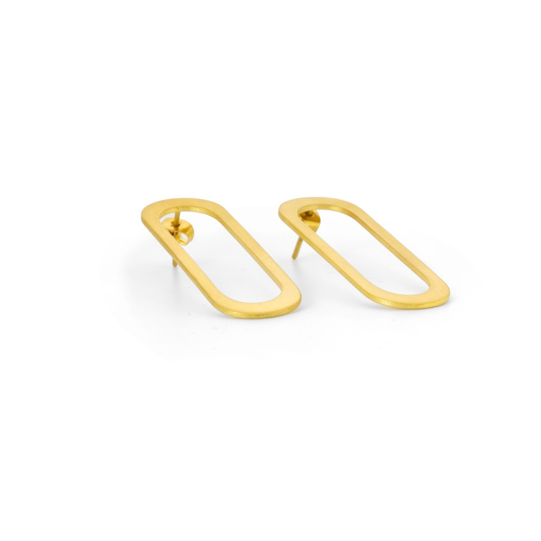 O shape gold plated brass earrings with geometric cutout design, part of bendable imitation jewelry collection

