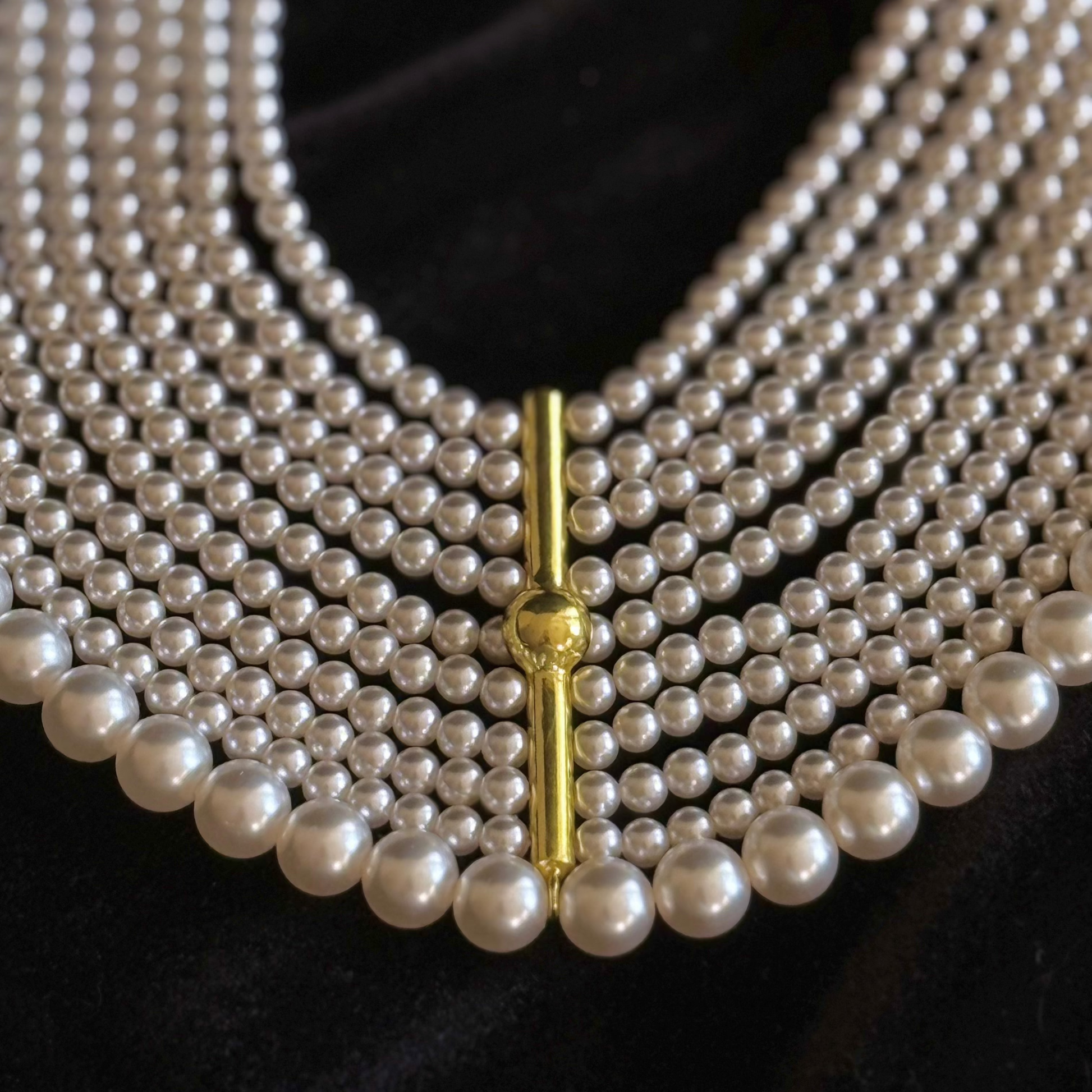 Pearlfect Choker with ten rows of pearls and gold bar detailing in a layered statement design

