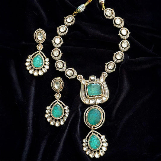 Parchhai Maala Set featuring kundan-style necklace with turquoise stones and matching drop earrings