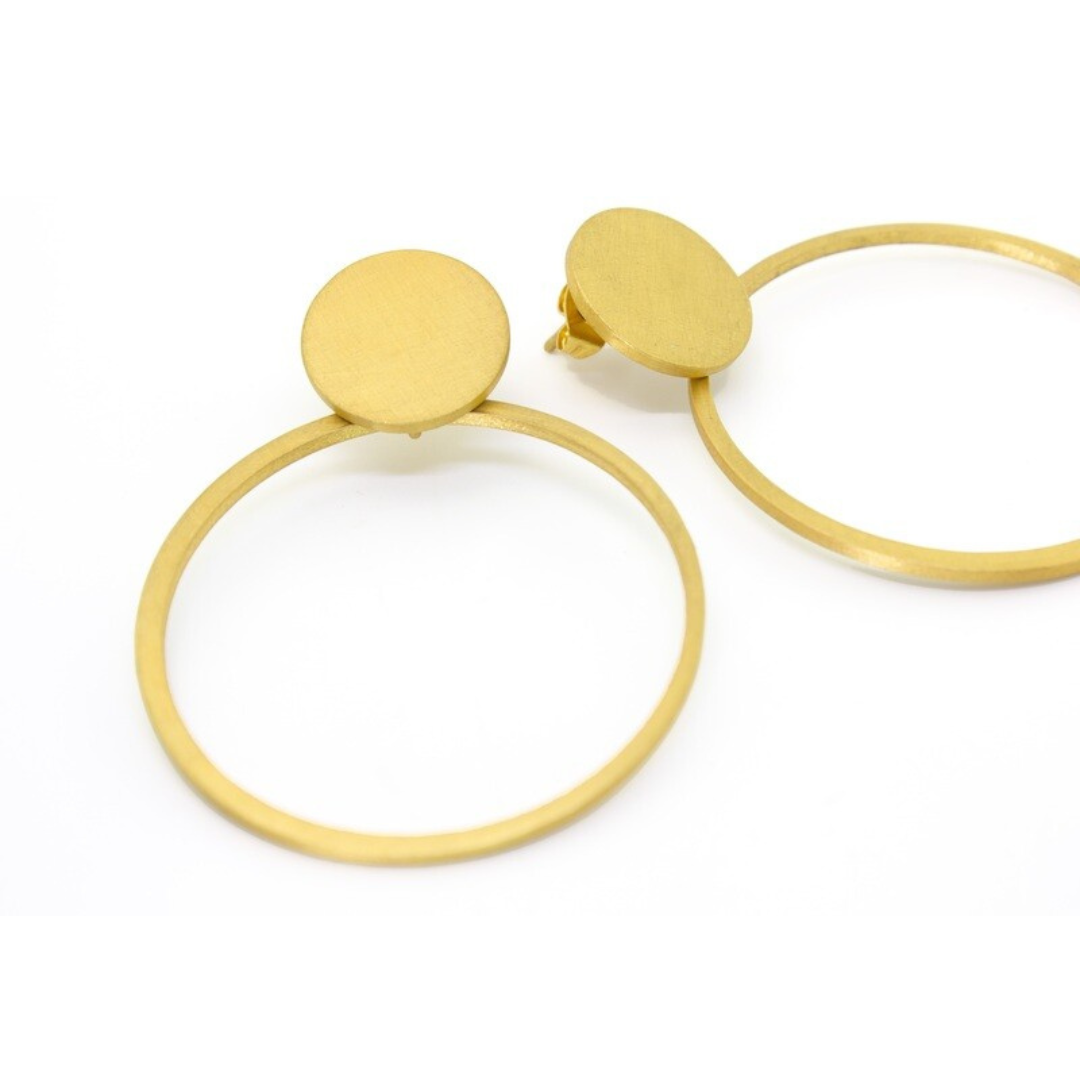 Gold plated brass circular drop earrings with modern open hoop design, imitation jewelry style

