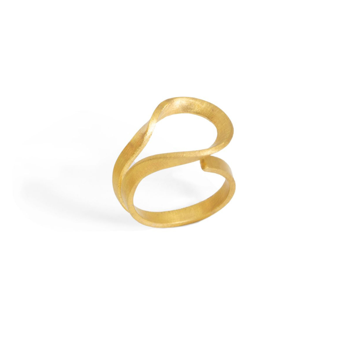 The Curl gold plated brass bracelet and ring set, sculptural fashion jewelry with adjustable modular design