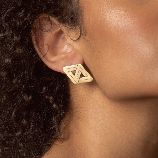 Gold plated brass stud earring with double triangle design, minimalist geometric statement piece

