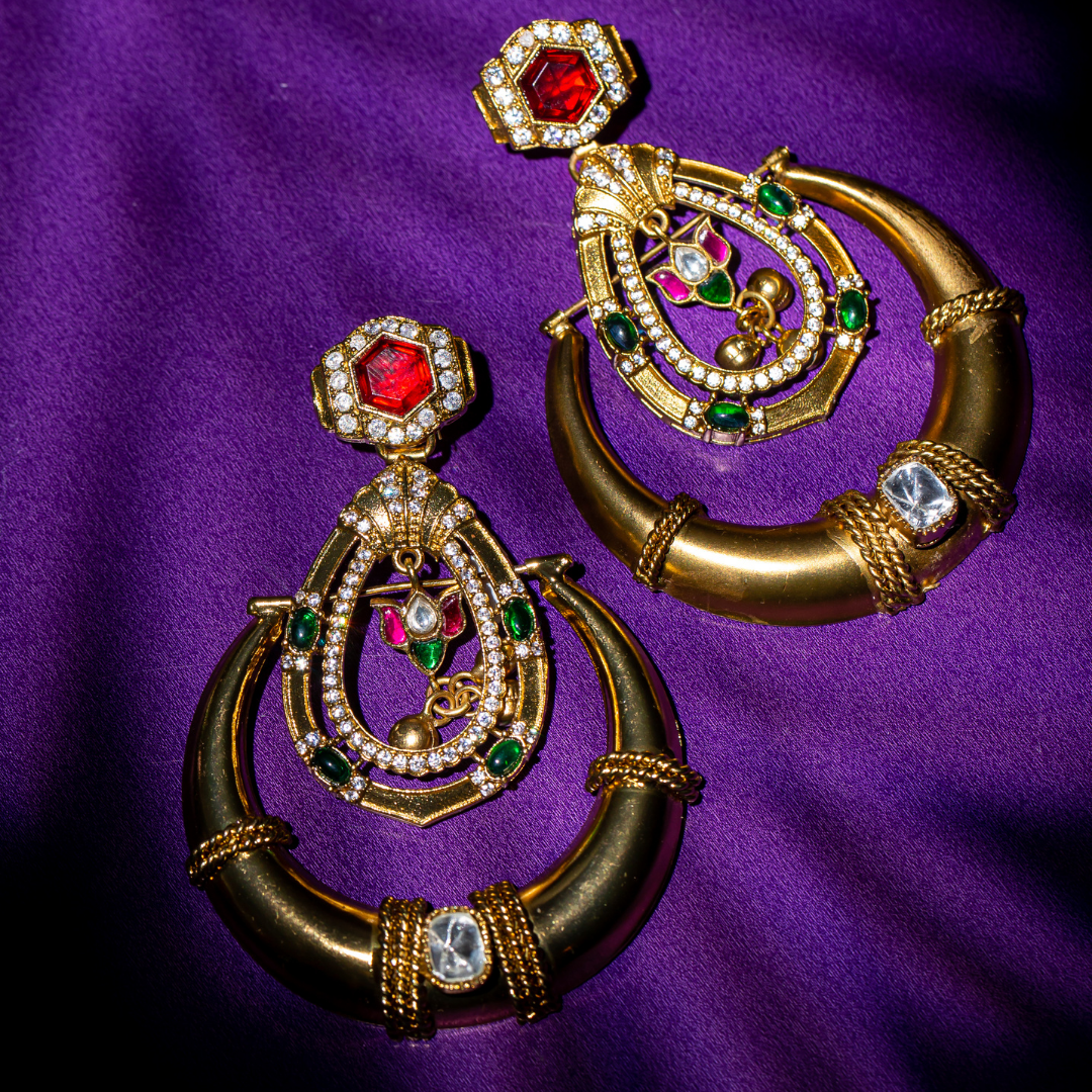 Gold plated ruby red kundan stone earrings

