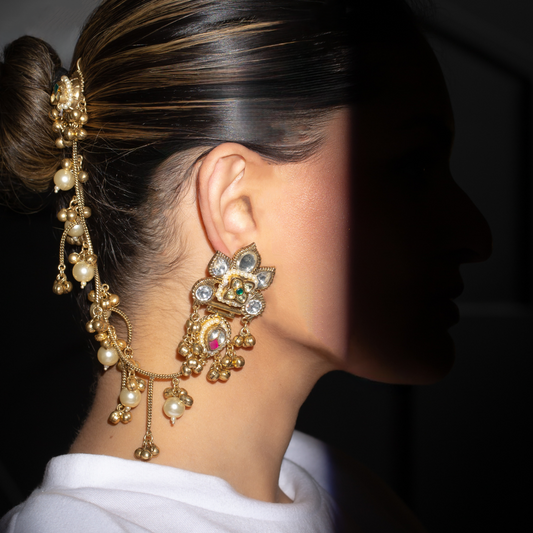 The Gehna Earrings with chaand motif and hair chain

