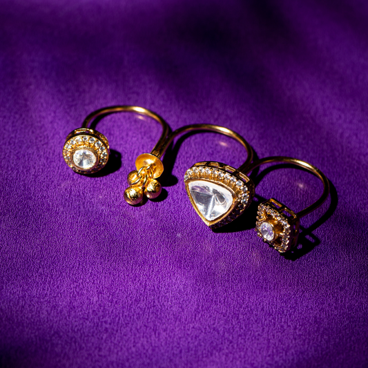 Trio crystal-studded gold plated brass ring

