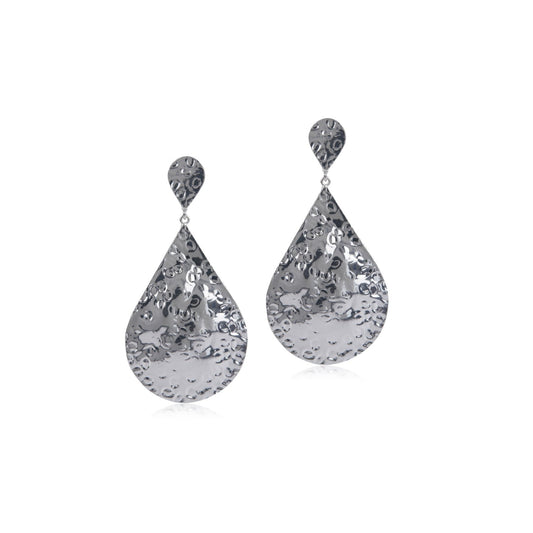 Beaten Metal Tear Drop Earrings (Silver)