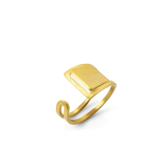 Contemporary gold plated brass ring with open cut-out square top, adjustable statement ring in modular imitation jewelry style

