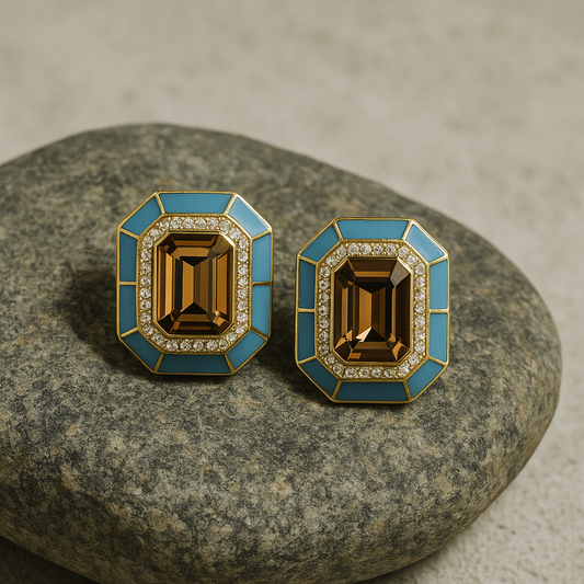 gold plated brass studs with coloured and clear crystals and enamel border 