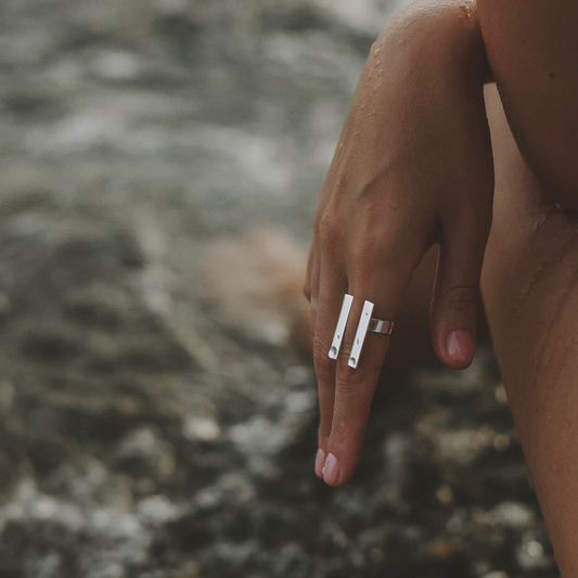 H Ring in handmade 925 sterling silver featuring structured H-shaped design.

