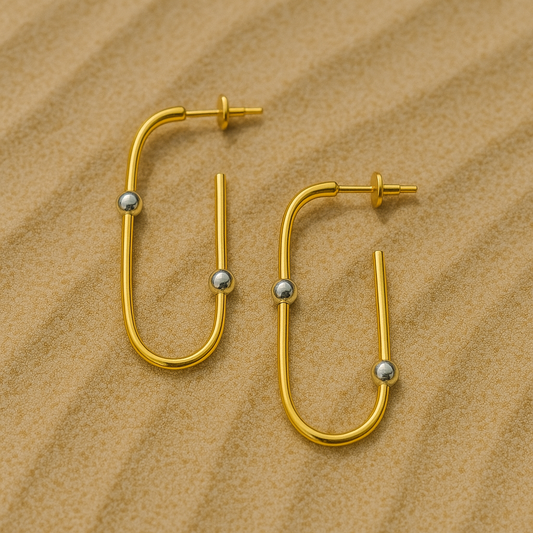 18k gold and silver plated loop earrings with curved drop design 
