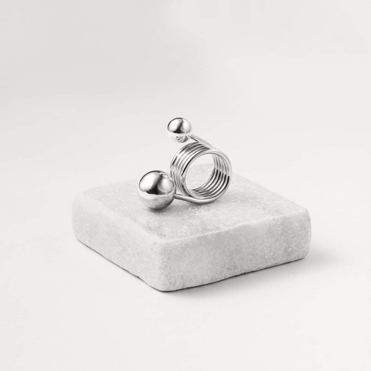Spiral Ring in handmade 925 sterling silver featuring coiled spiral design with orb accents.

