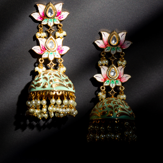 The amer earrings - floral enamel earrings with domed gold base and hanging ghoongroos
