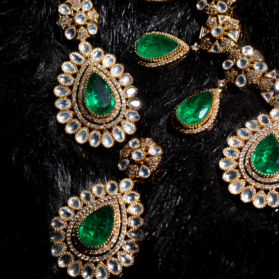 the bagh necklace set with matching earrings - green stone necklace set with crystals and matching earrings
