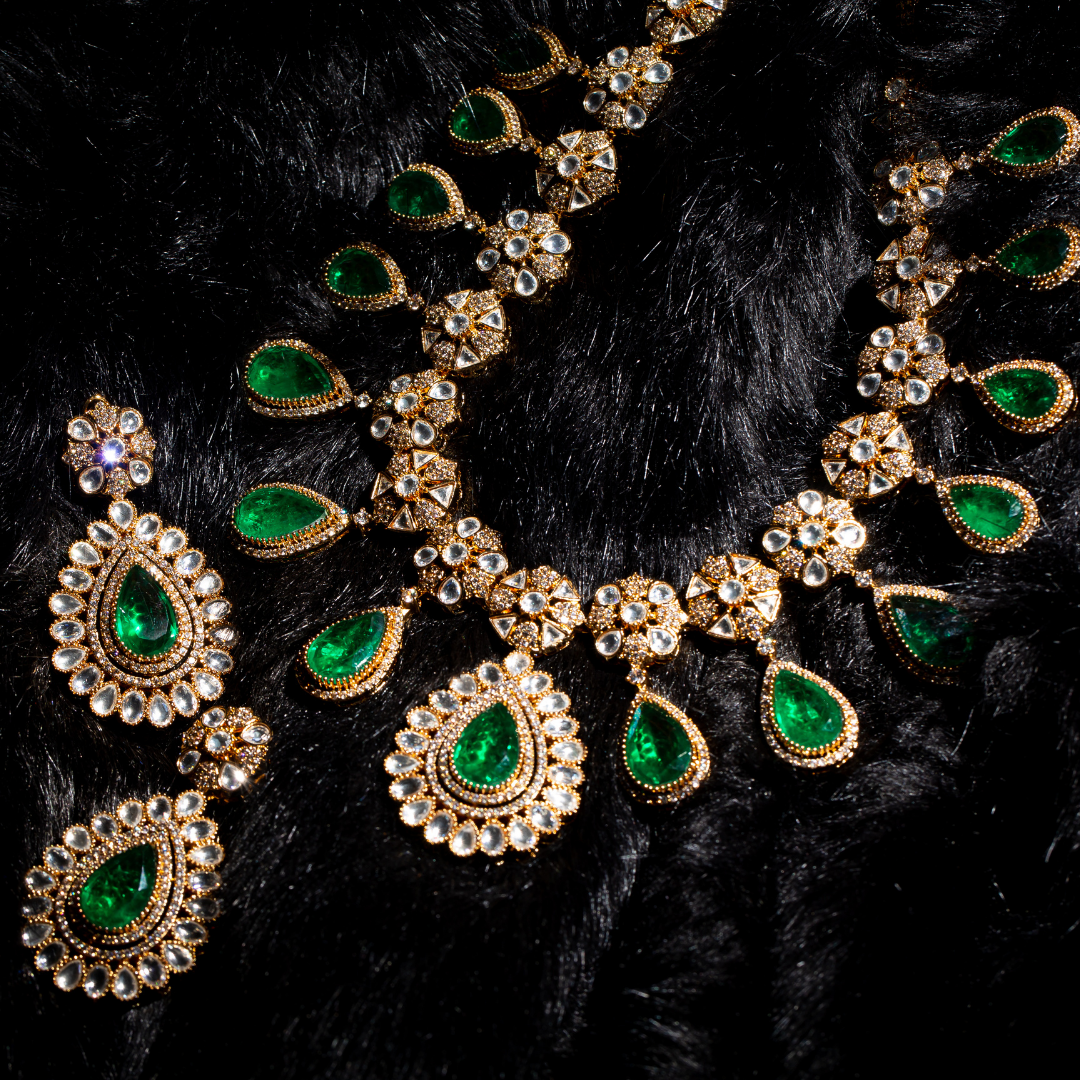 the bagh necklace set with matching earrings - green stone necklace set with crystals and matching earrings
