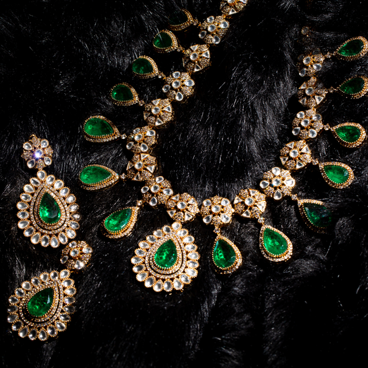 the bagh necklace set with matching earrings - green stone necklace set with crystals and matching earrings

