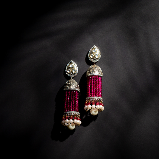 The berry earrings - deep berry earrings with beaded strands and pearl detailing

