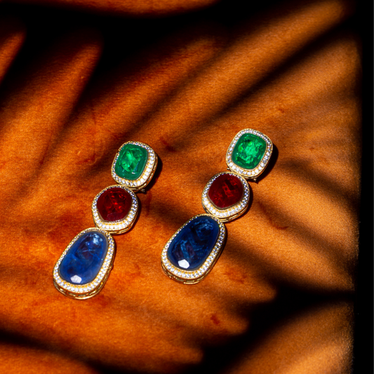 the gul earrings - Gold earrings with red, green, and blue glass stones