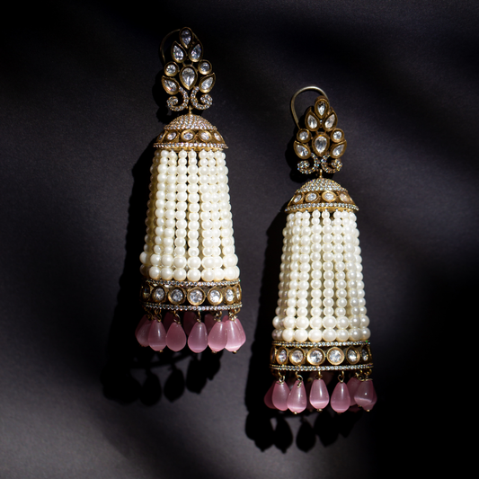 the gulabo earrings - kundan earrings with pearl strands and pink drops

