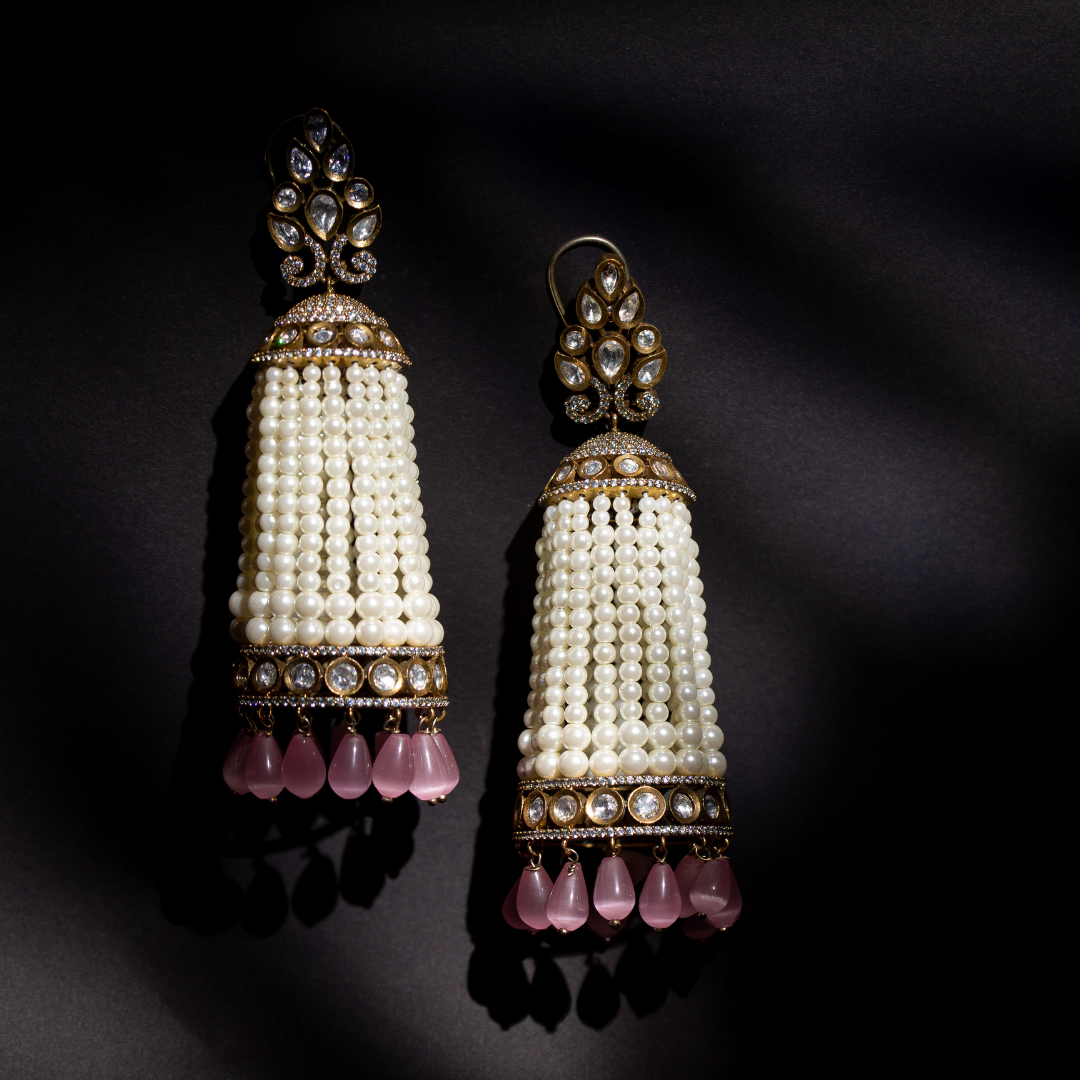 the gulabo earrings - kundan earrings with pearl strands and pink drops
