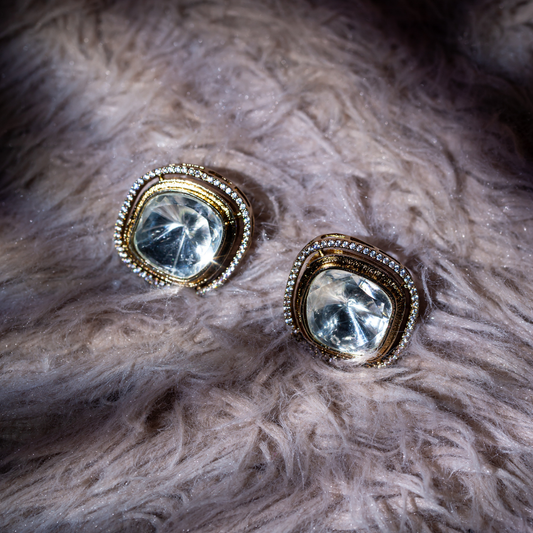 the ikta studs - glass polki stud earrings with gold trim and crystal halo

