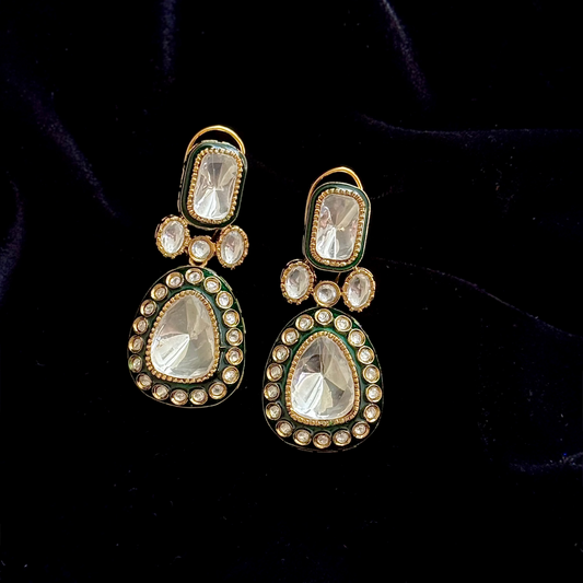 The jaani earrings - glass polki earrings with navy green enamel and gold plated frame

