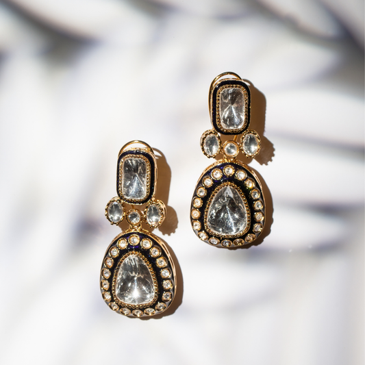 The jaani earrings - glass polki earrings with navy blue enamel and gold plated frame

