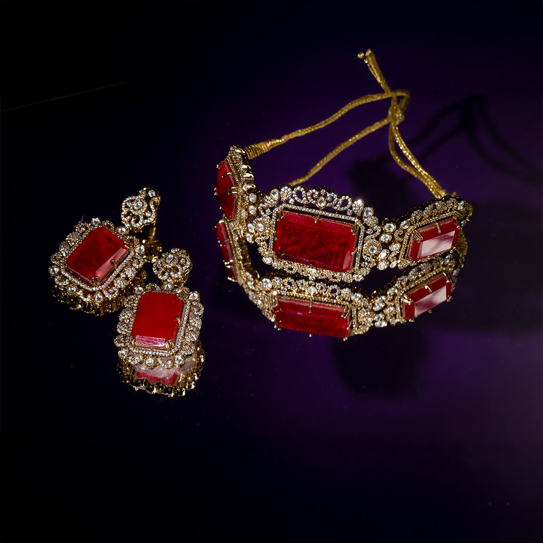 ruby red stone choker set with earrings in gold plated brass.