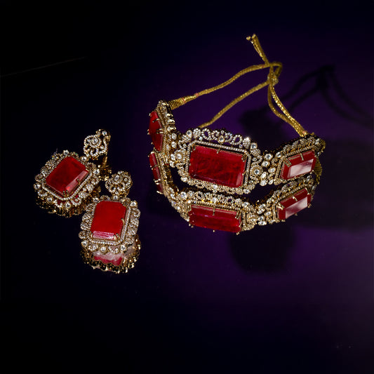 ruby red stone choker set with earrings in gold plated brass.