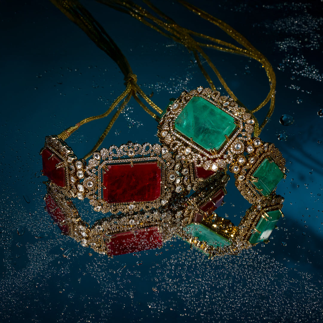 ruby red stone choker set with earrings in gold plated brass.