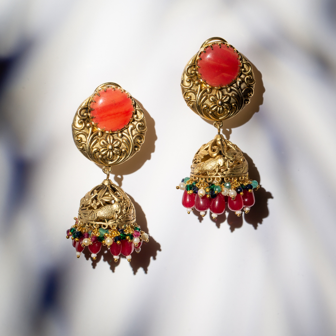the ruh earrings - coral dome earrings in antique gold with red bead accents

