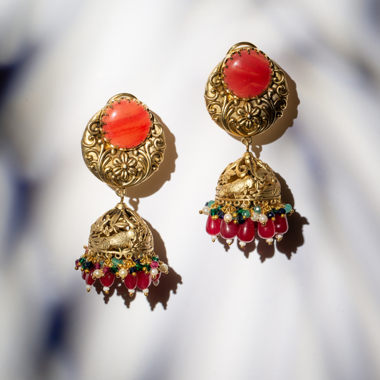 the ruh earrings - coral dome earrings in antique gold with red bead accents


