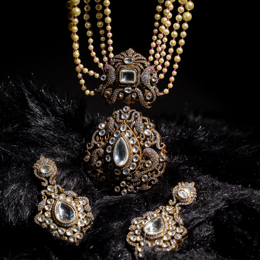 The Rumi Maala set with matching earrings - pearl beaded necklace with vintage pendant and earring set

