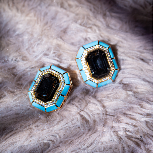 The Shor Studs with deep blue faceted glass and turquoise enamel border

