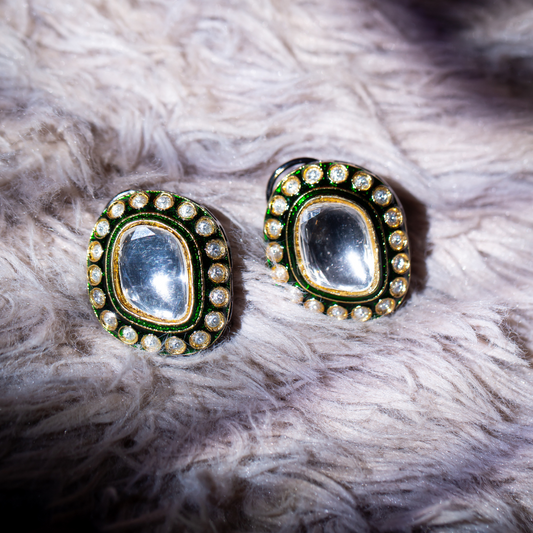 the sufi studs gold plated studs with enamel, crystal and glass polki.

