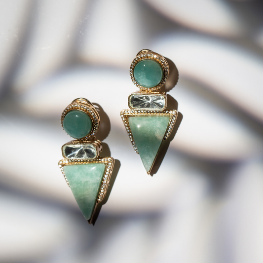 Mint green stone earrings with triangle-cut drops and gold frame

