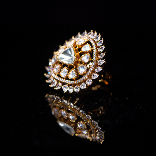 The Zeen Ring in crescent shape with glass polki and crystal detailing.







