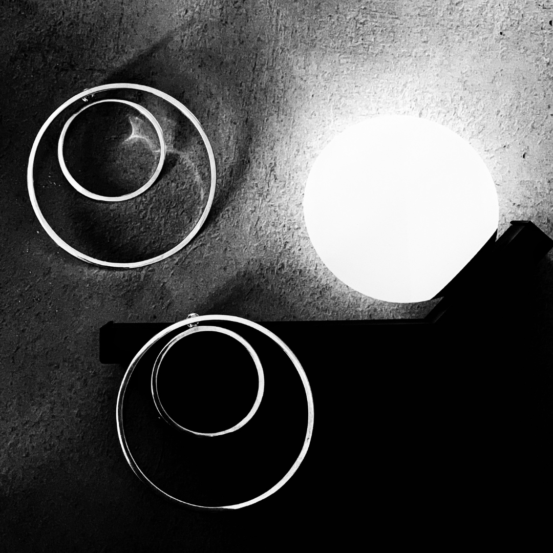 Two Circle Earrings in handmade 925 sterling silver featuring double circular drop design.

